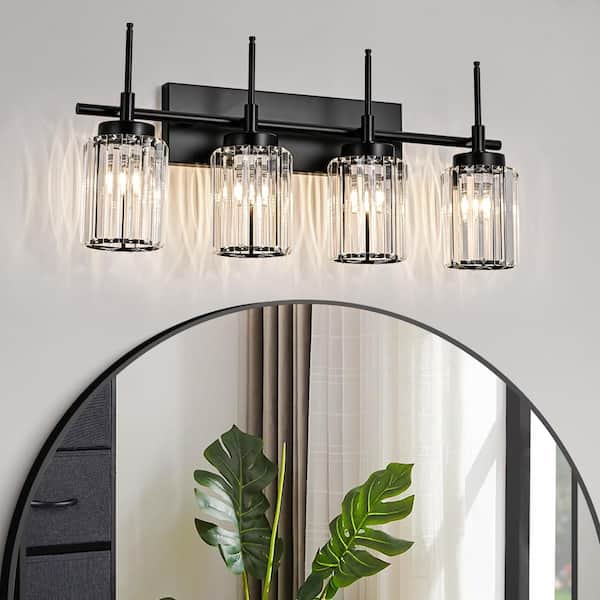 EDISLIVE Orillia 27.17 in. 4-Light Modern Industrial Black Bathroom Vanity Light with Crystal Cylinder Shades