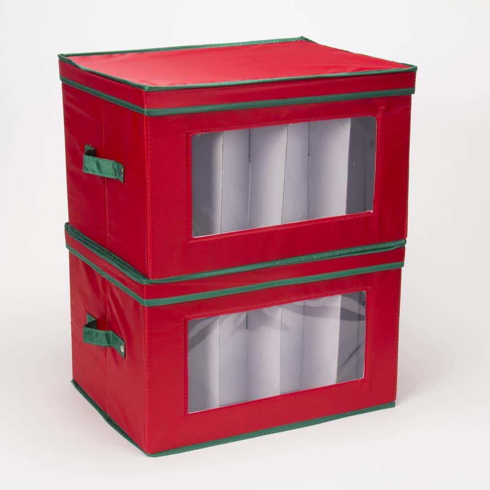 Red and Green Collapsible Holiday Stemware Storage Box with Lid