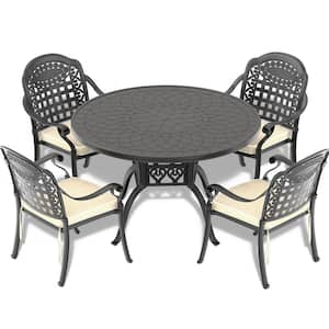 Black 5-Piece Cast Aluminum Outdoor Dining Set, Patio Furniture with 47.24 in. Round Table and Random Color Cushions