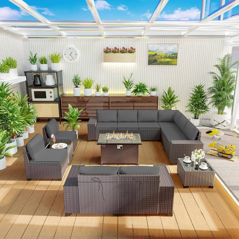 13-Piece Wicker Patio Conversation Set with 55000 BTU Gas Fire Pit Table and Glass Coffee Table and Cushions Gray price history on PriceWatchPro
