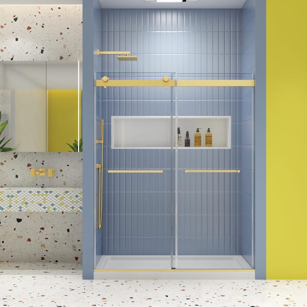 56-60 in. W x 74 in. H Double Sliding Frameless Soft Close Shower Door in Brushed Gold with 5/16 in. Clear Glass
