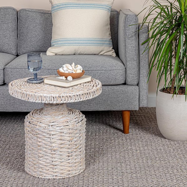 Storied Home 18.11 in. Whitewashed Round Water Hyacinth Wicker End Table
