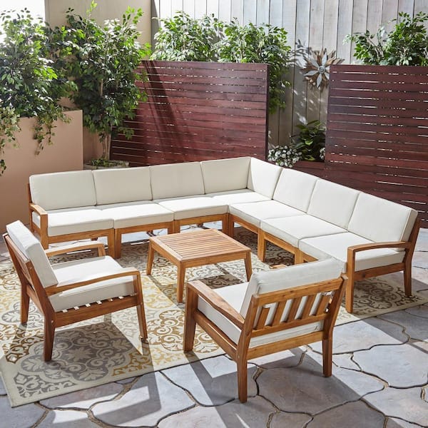 Grenada Teak Brown 10-Piece Wood Outdoor Patio Conversation Set with Cream Cushions