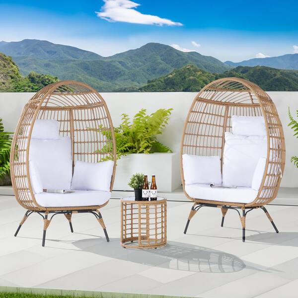 SANSTAR 3-Piece Patio Wicker Egg Chair Outdoor Bistro Set with Side Table, with White Cushion