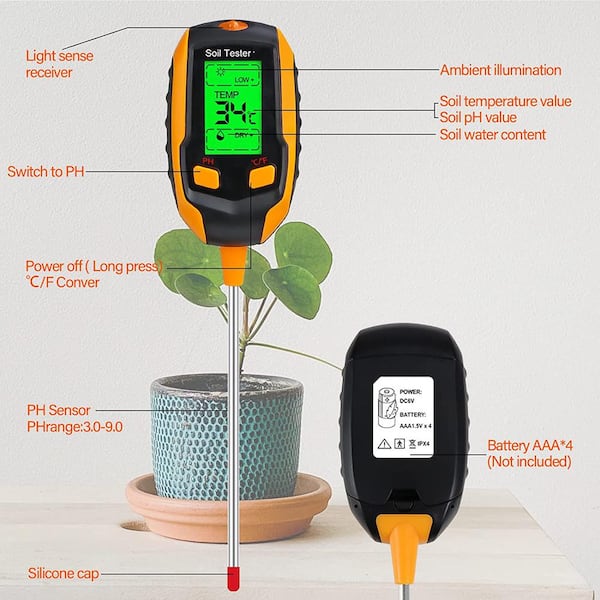 Cubilan in Soil Moisture Meter, PH Meter/Sunlight Intensity/Ambient  Humidity Backlit LCD Display Soil Tester B09N36NBG2 The Home Depot