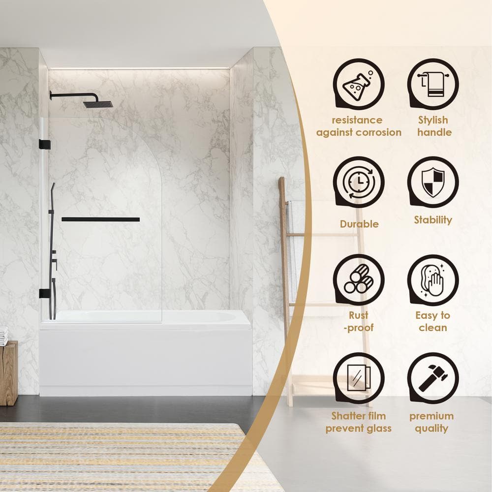 Alvise 34" W x 58" H Frameless Matte Black Tub Door with Clear Glass