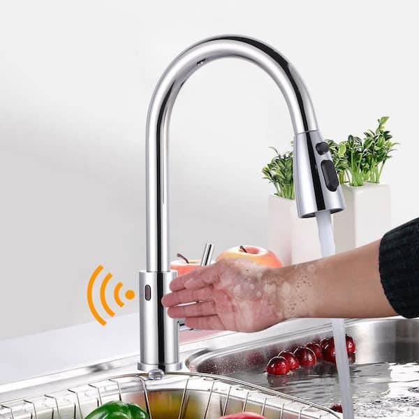 Touchless Single Handle Pull Down Sprayer Kitchen Faucet, Smart Motion Sensor Kitchen Sink Faucet in Polished Chrome