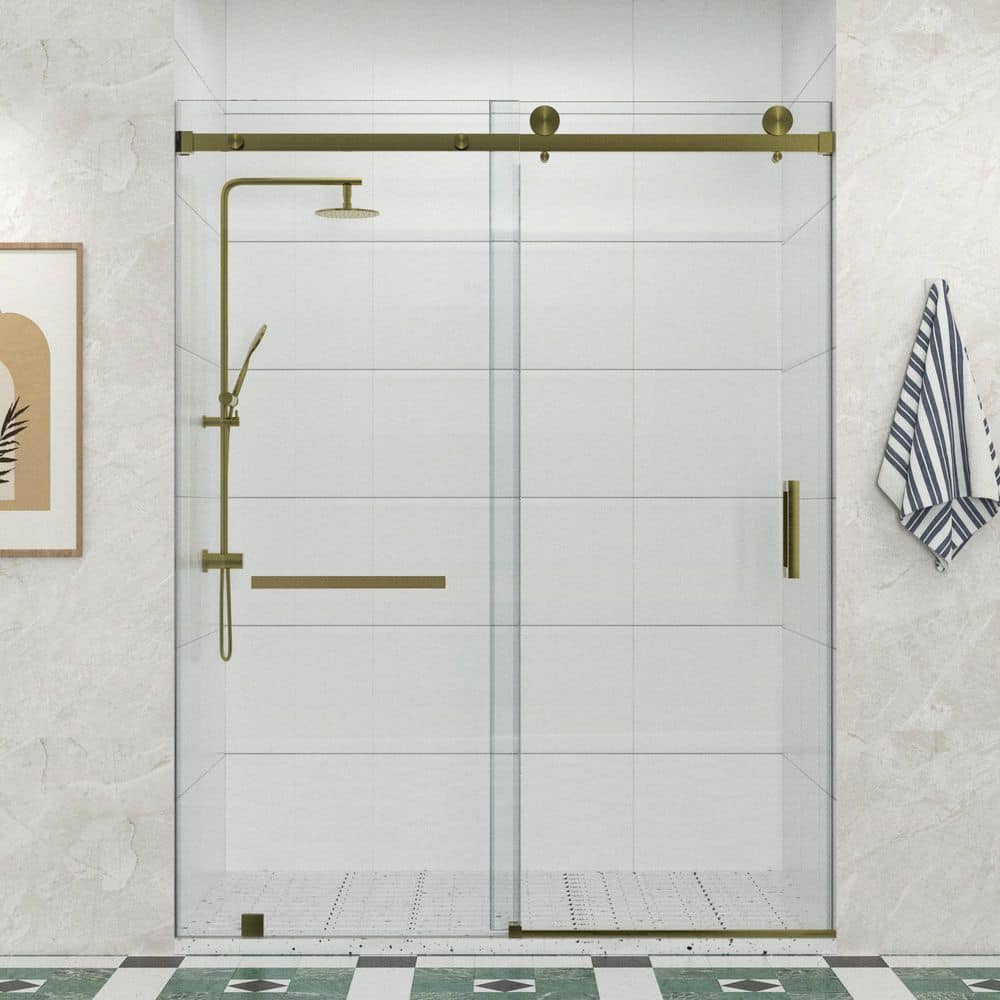 Resa 62 to 66 in. W x 76 in. H Frameless Sliding Shower Door in Brushed Gold with Towel Bar and 3/8 in. Clear Glass price history on PriceWatchPro
