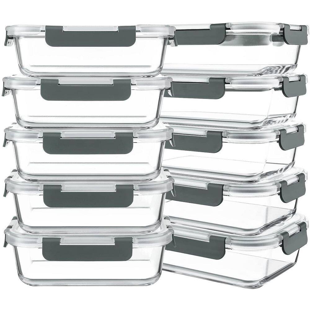 10 Piece Borosilicate Glass Meal Prep Containers Set, 30oz Food Grade Airtight Snap Locking Lids, Bento Boxes, in Gray