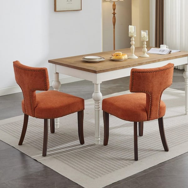 Orange Modern Dining Chairs Set of 2, Farmhouse Upholstered Accent Chairs with Curved Backrest, Solid Hardwood Frame