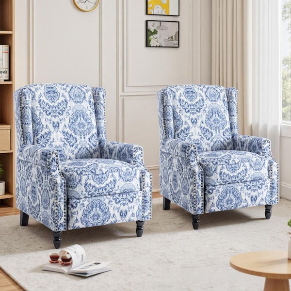 Navy Blue Pattern Linen Nailhead Trim Upholstered Manual Recliner Chair with Adjustable Footrest(Set of 2)