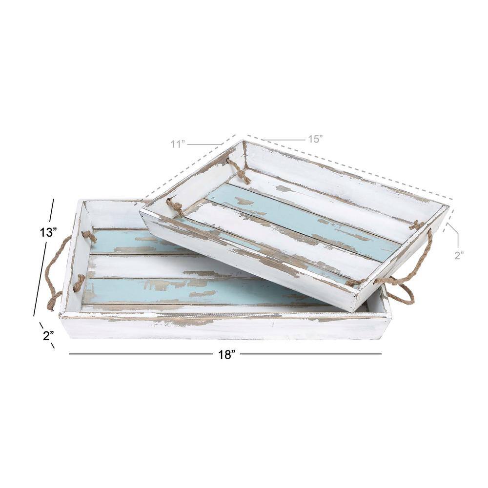 Nautical White and Blue Wood Rectangular Tray Set with Jute Handles