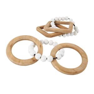 Brown Wood Geometric 3-Link Chain Sculpture with White Beaded Accents (Set of 2)