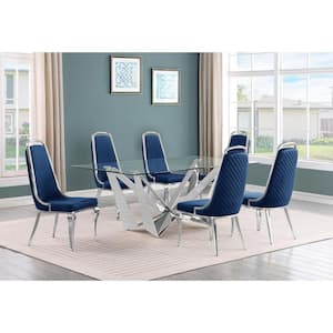 Rae 7-Piece Rectangular Glass Top Stainless Steel Base Dining Set With 6 Navy Blue Velvet Chrome Iron Legs Chairs