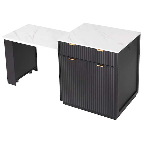 Black Wood 82.6 in. Fluted Kitchen Island with Extendable Dining Table, Power Outlet and 2 Drawers