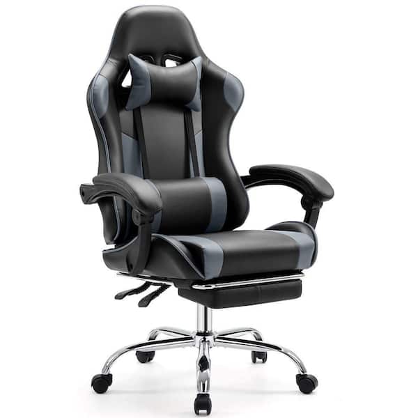 Ergonomic Gaming Chair-High Back PU Leather Office Chair w/Spring Cushion, Adjustable Height and Footrest-Matte Gray