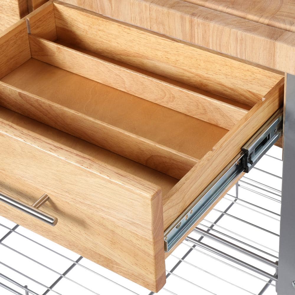 Natural Wood and Metal Kitchen Cart with Spice Rack