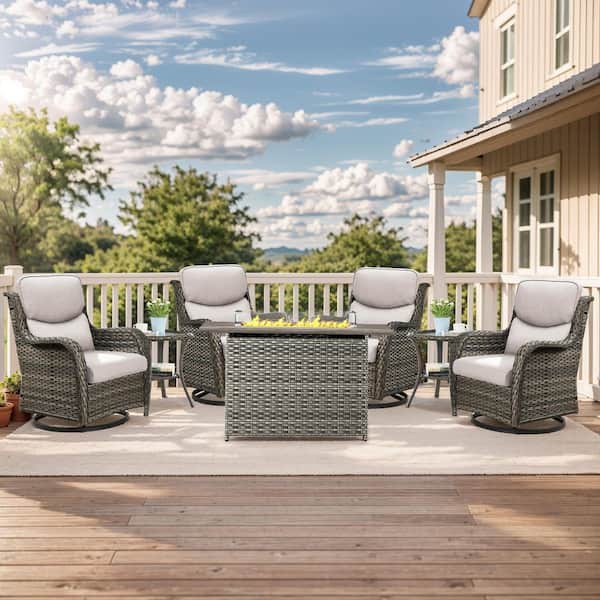 Luxury Gray Wicker Fire Pit Conversation Set with Olefin Beige Cushions and Patio Swivel Chairs/Side Tables (7-Piece)