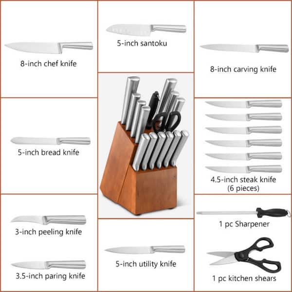 Bunpeony 16-Piece Stainless Steel Knife Block Set with Sharpener ZMCT141-8  - The Home Depot