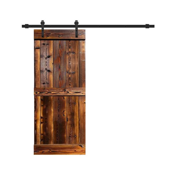 CALHOME 24 in. x 84 in. Mid-Bar Series Pre Assembled Walnut Stained Thermally Modified Wood Sliding Barn Door with Hardware Kit