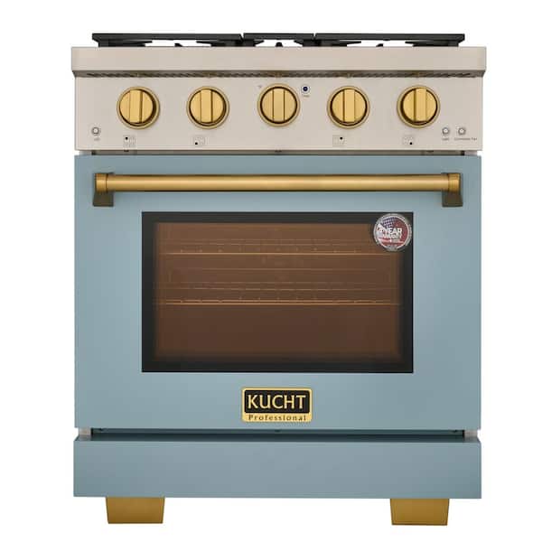 30 in. Natural Gas Range 4 Burners in Light Blue with Gold Knobs and True Simmer Burners