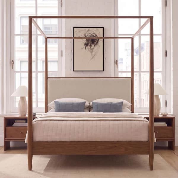 Brown Rubber Wood Frame Queen Size Platform Bed with Boucle Upholstered Headboard, Tapered Legs