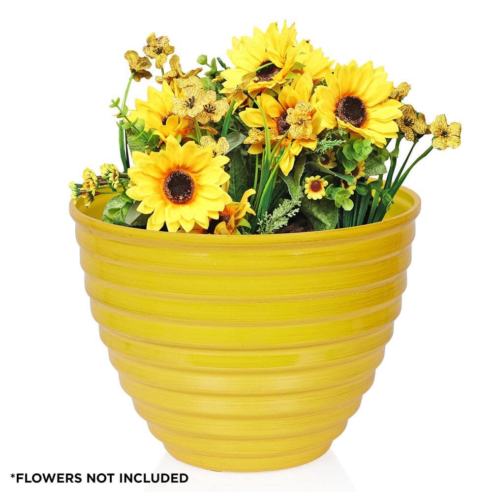 12" Yellow Ribbed Plastic Indoor Outdoor Planter