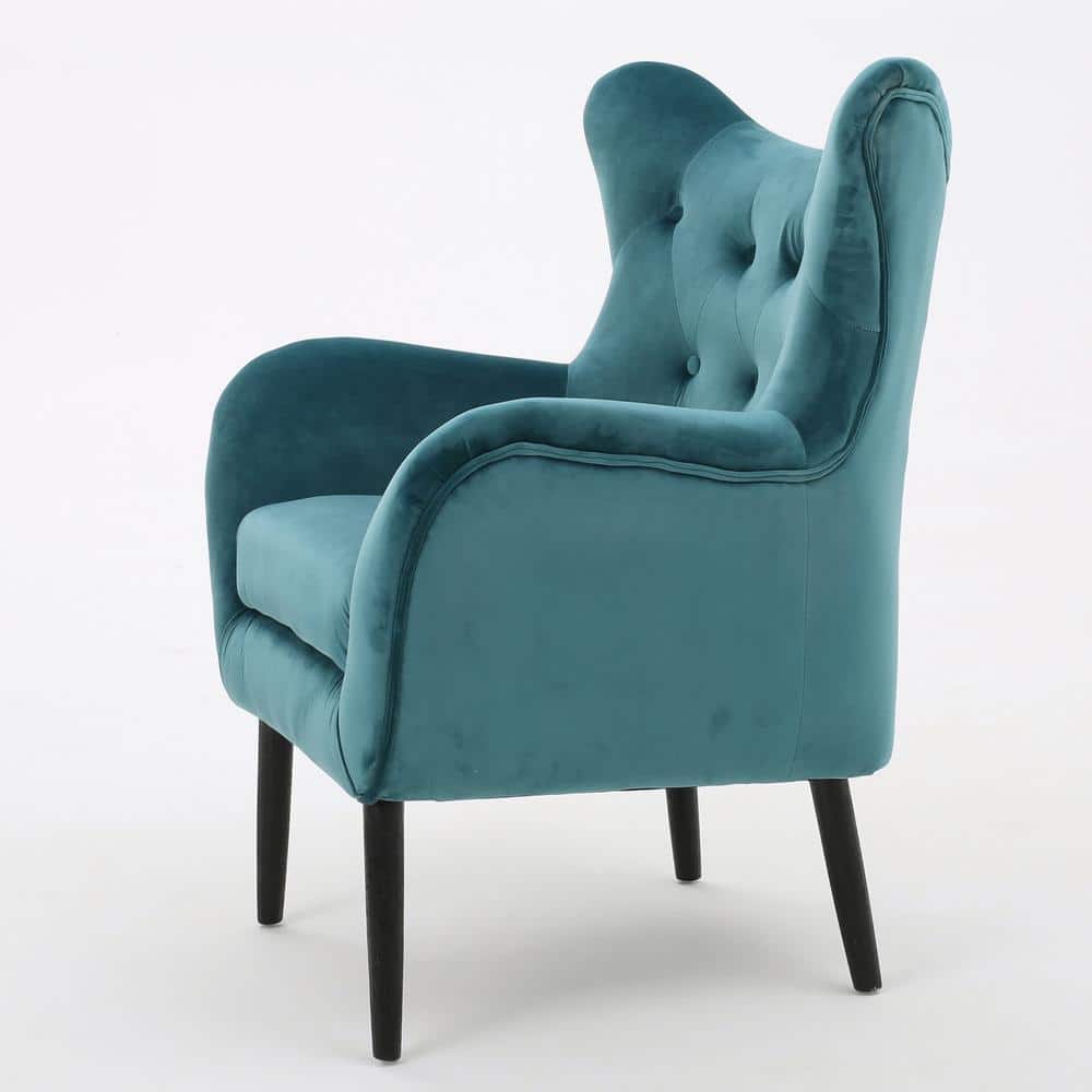Dark Teal Velvet Wingback Accent Chair with Wood Legs