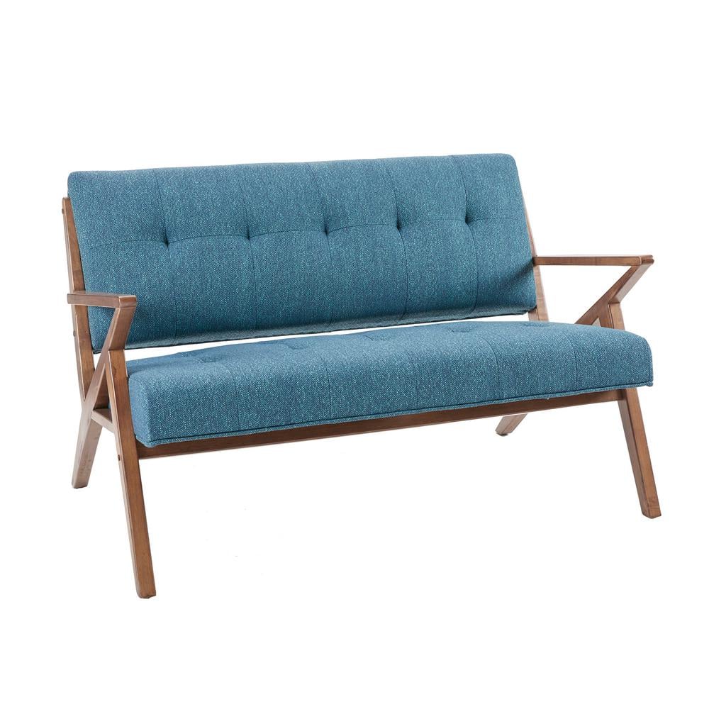 Mid-Century Modern Blue Tufted Fabric Loveseat with Wood Frame