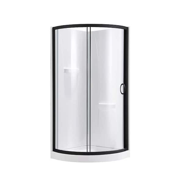 Breeze 33 in. L x 33 in. W x 77 in. H Corner Shower Kit with Clear Sliding Door in Black, Shower Pan, and Walls