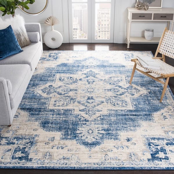 Brentwood Ivory/Navy 12 ft. x 18 ft. Floral Medallion Border Area Rug