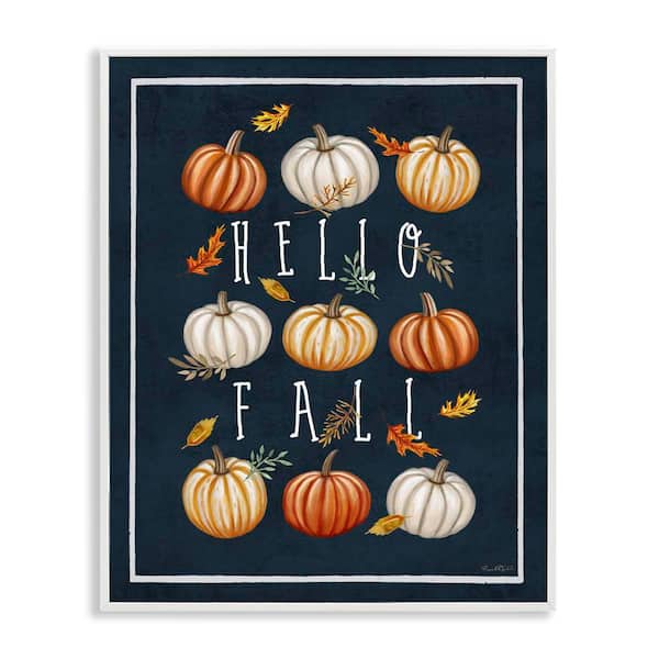 Stupell Industries Hello Fall Mixed Pumpkins by Elizabeth Tyndall White Framed Graphic Typography Art Print 16 in. x 20 in.