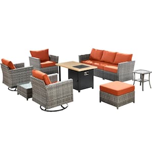 Eufaula Gray 10-Piece Wicker Outdoor Patio Conversation Sofa Set with a Storage Shelf Fire Pit and Orange Red Cushions