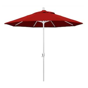 9 ft. White Aluminum Pole Market Aluminum Ribs Push Tilt Crank Lift Patio Umbrella in Jockey Red Sunbrella