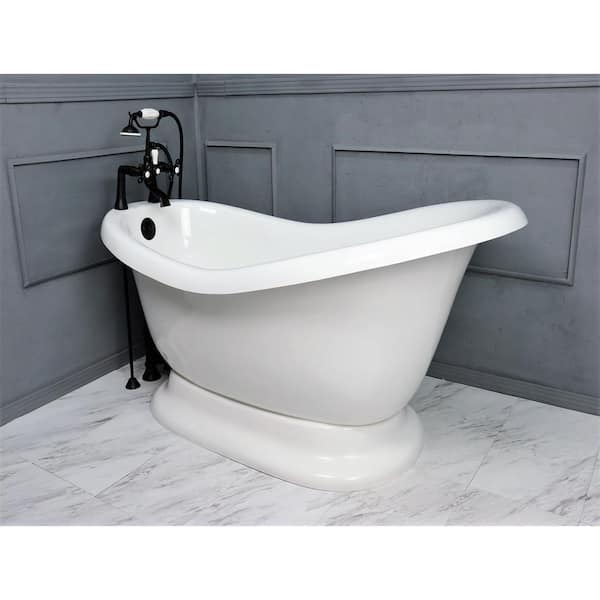 American Bath Factory 71 in. AcraStone Acrylic Slipper Pedestal Flatbottom Non-Whirlpool Bathtub in White w/ Faucet in Old Bronze