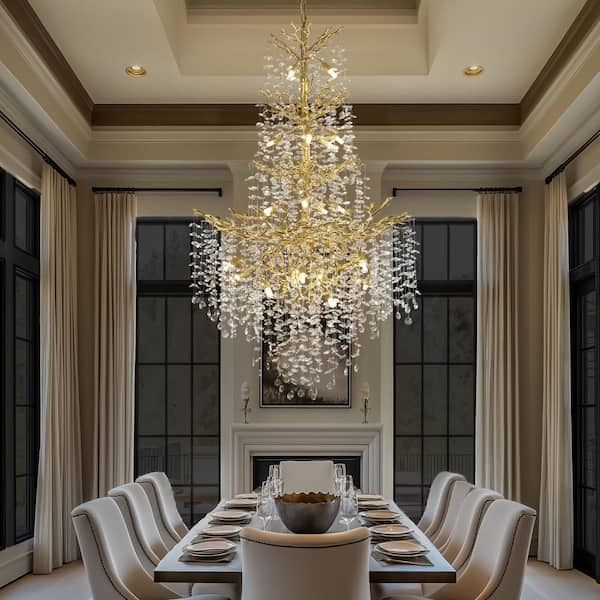 23-Lights 39.3 in. Gold Crystal Tree Branch Shape Chandelier, Large Staircase Chandelier, for Dining Room, Living Room