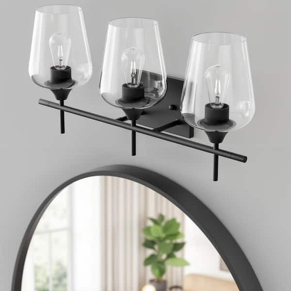 3-Light Matt Black Bathroom Vanity Light with Clear Glass Shades