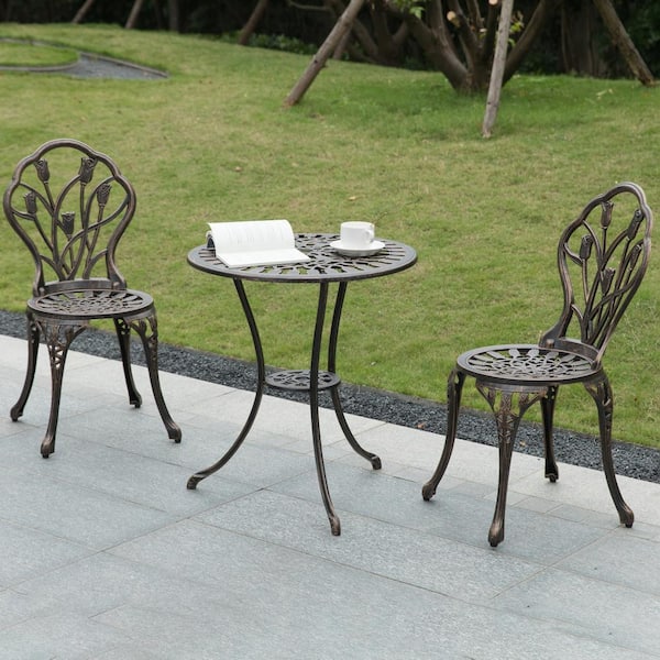 Bronze Metal Indoor and Outdoor Dinning Set 2 Chairs with 1 Table Bistro Patio Cast Aluminum