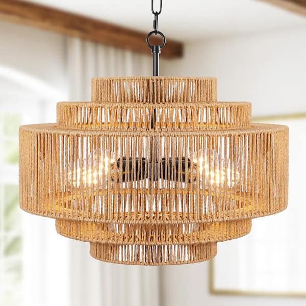 LamQee 19.6 in. 4-Light 5-Tier Black Hand-Woven Rattan Drum Chandelier