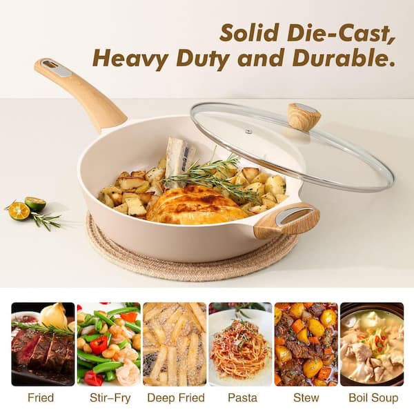 5 qt. Taupe Aluminum Nonstick Saute Pan with Lid Induction Pan Healthy Non-Toxic Cooking Pan with Helper Handle