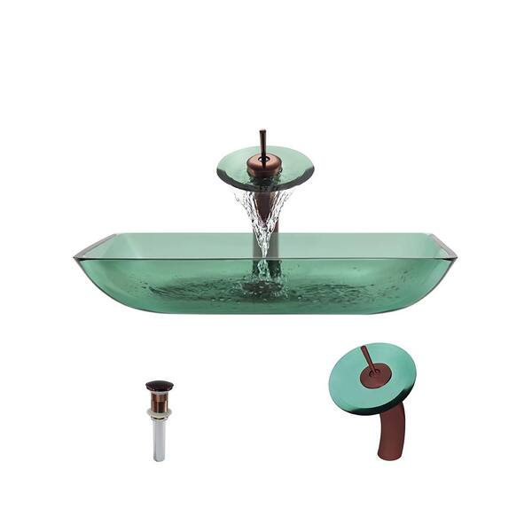 MR Direct Glass Vessel Sink in Emerald with Waterfall Faucet and Pop-Up Drain in Oil Rubbed Bronze