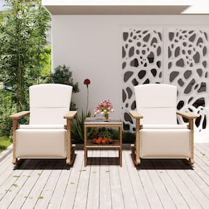 Natural Wicker Adjustable Double Outdoor Rocking Chair with Beige Cushions and Coffee Table