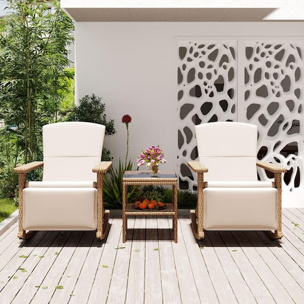 Sudzendf Natural Wicker Adjustable Double Outdoor Rocking Chair with Beige Cushions and Coffee Table