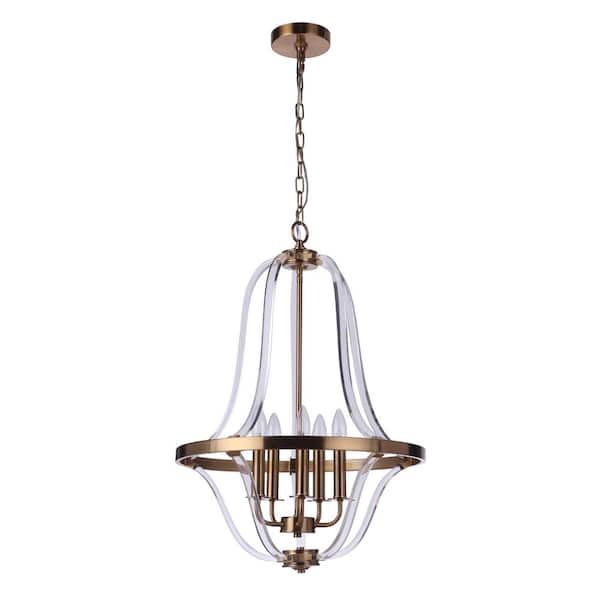 Graclyn 60 Watt 5-Light Satin Brass Finish Cylinder Foyer Chandelier Pendant Light w/ Acrylic Accents, No Bulbs Included