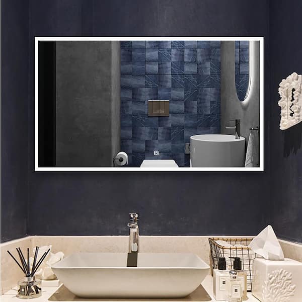 Staykiwi 60 in. W x 35 in. H Rectangular Framed Dimmable Wall Bathroom Vanity Mirror in White