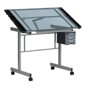 Vision Craft 40.75 in. W Silver and Blue Glass Drawing and Writing Mobile Desk with Supply Storage