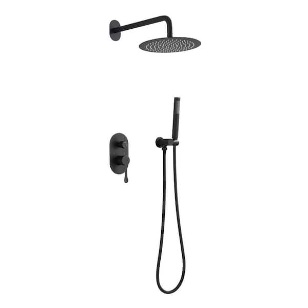 WELLFOR 2-Handle 2-Spray Patterns 10 in. Wall Mount Rain Fixed Shower Faucet in Matte Black (Valve Included)