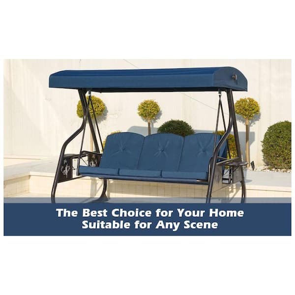 3-Person Metal Patio Swing Porch Swing with Stand, Blue Cushions