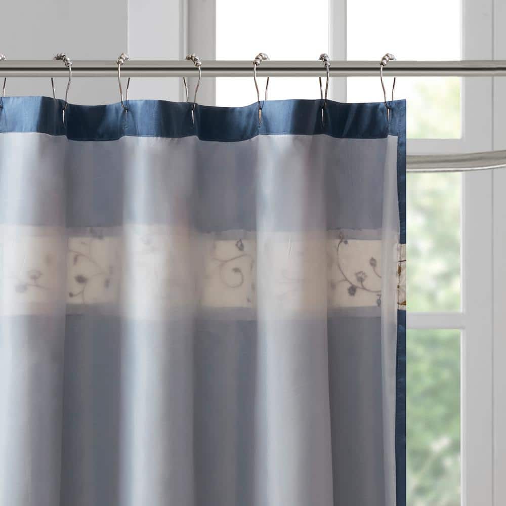 Navy Faux Silk Embroidered Floral Shower Curtain