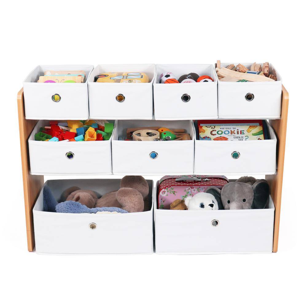 Natural Wood and White 3-Tier Toy Storage Organizer with 9 Fabric Bins
